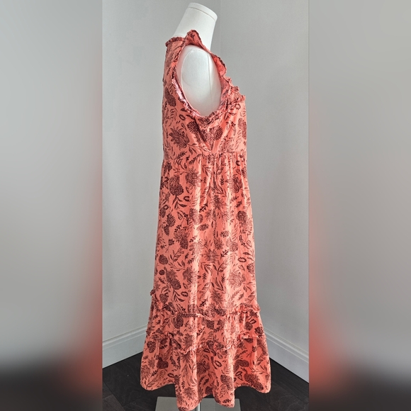 Universal Thread Coral and Brown Floral Ruffled Tiered Midi Sundress Size Small - Picture 4 of 12
